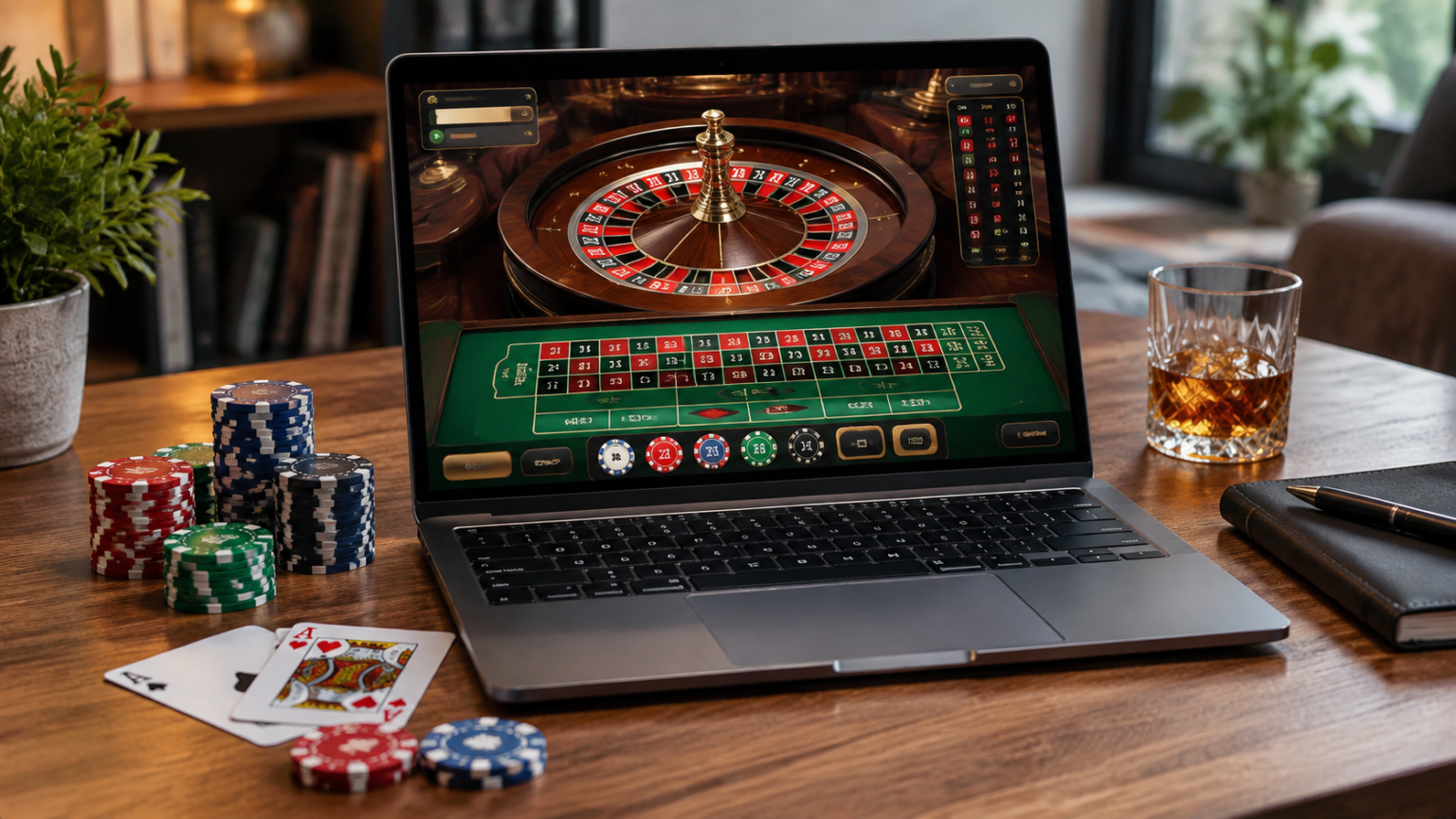 A Practical Guide to online casinos Singapore Laptop showing an online casino roulette game beside playing cards and casino chips