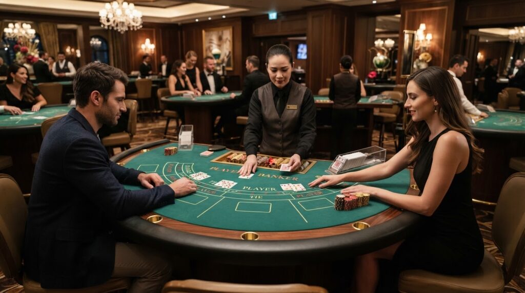 Baccarat Là Gì? Hướng Dẫn Chi Tiết Luật Chơi Cho Người Mới Bàn chơi baccarat với bài tây và chip cược sang trọng tại sòng bài