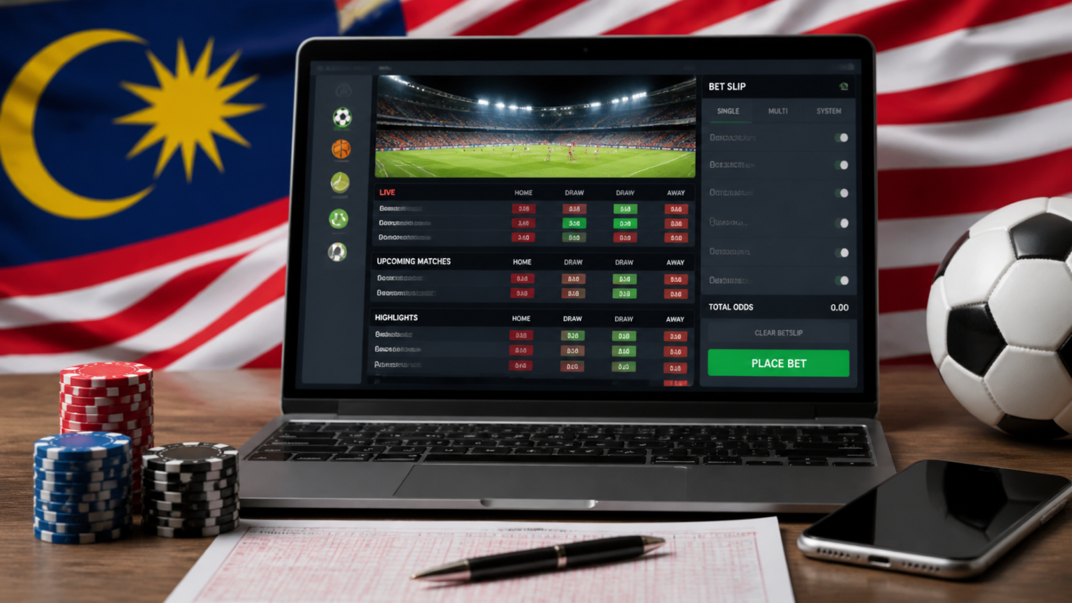 Sportsbook betting screen with chips and a betting slip