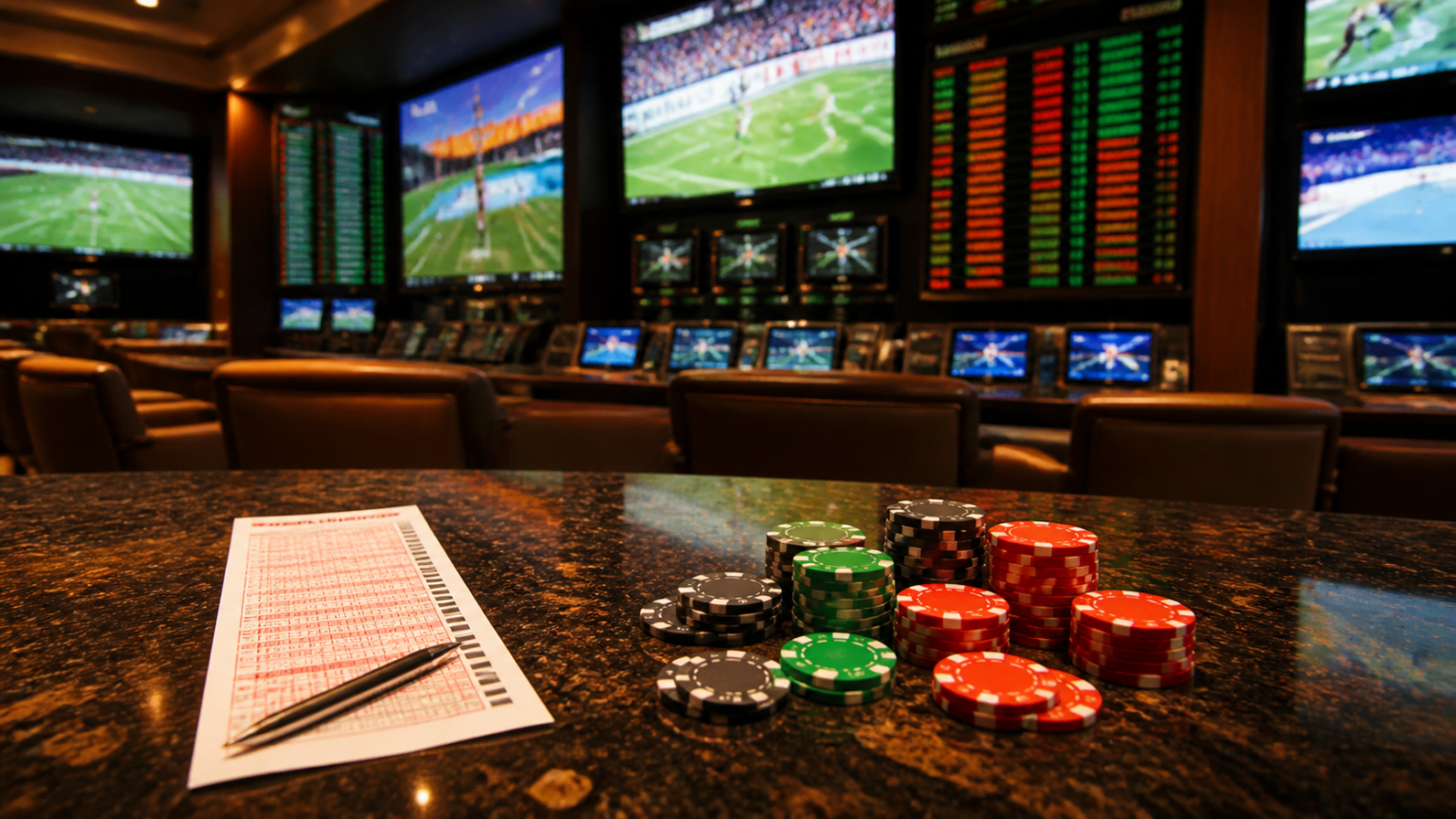 Sports betting table with odds screens and betting slip