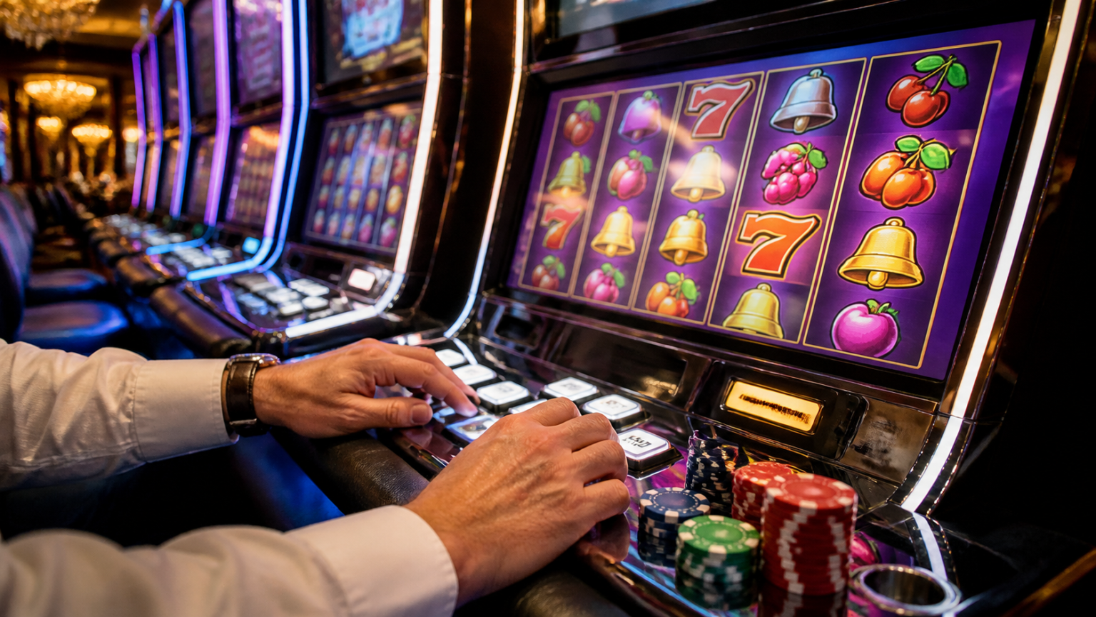 Tampilan area kasino dengan mesin slot dan pemain