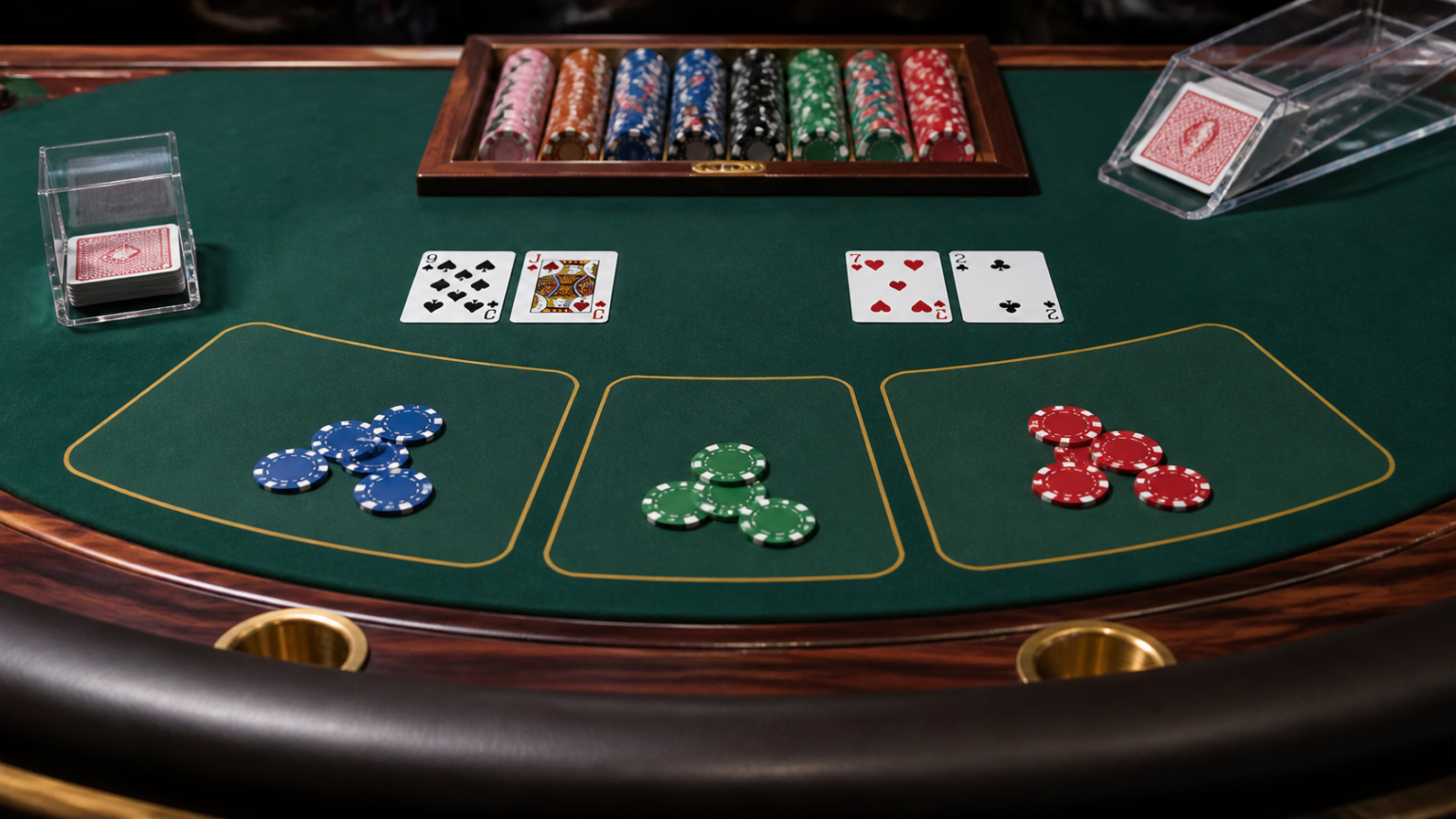 Hiểu các cửa cược và cách tính điểm: trang đánh baccarat Bàn baccarat với bài, phỉnh và các khu vực cược Người chơi, Nhà cái, Hòa