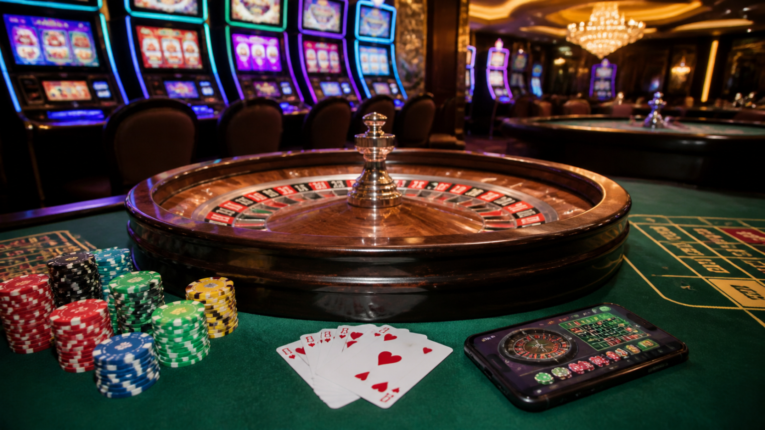 Sala con slot, roulette e schermo di casinò online