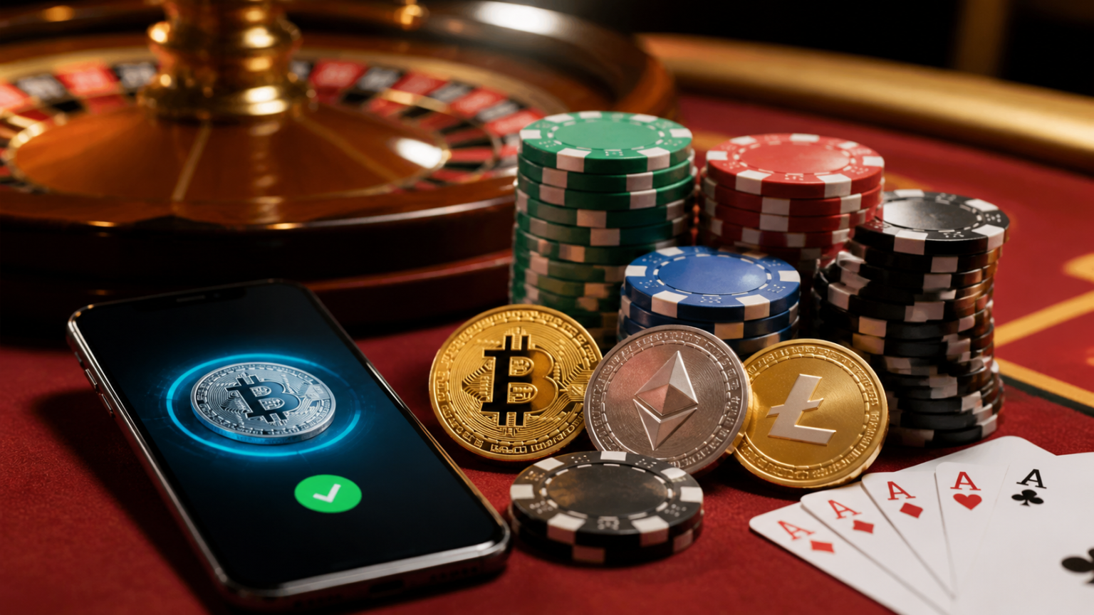 本人確認不要 オンラインカジノで楽しめる人気スロットゲームの選び方 Casino table with crypto payment on a phone and gaming chips