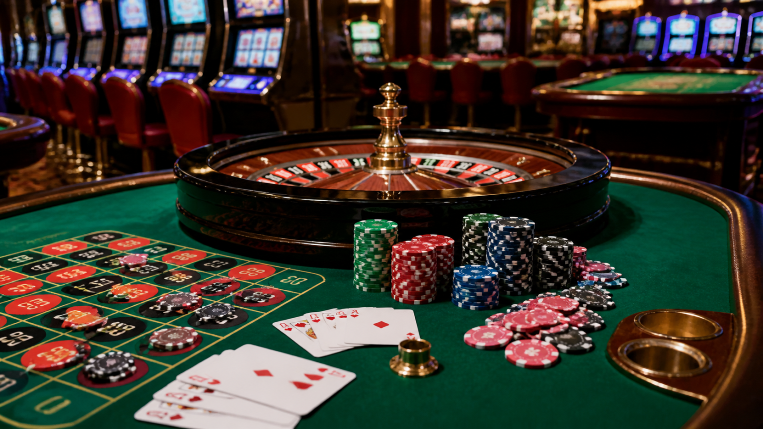 Casino gaming table with cards and roulette wheel