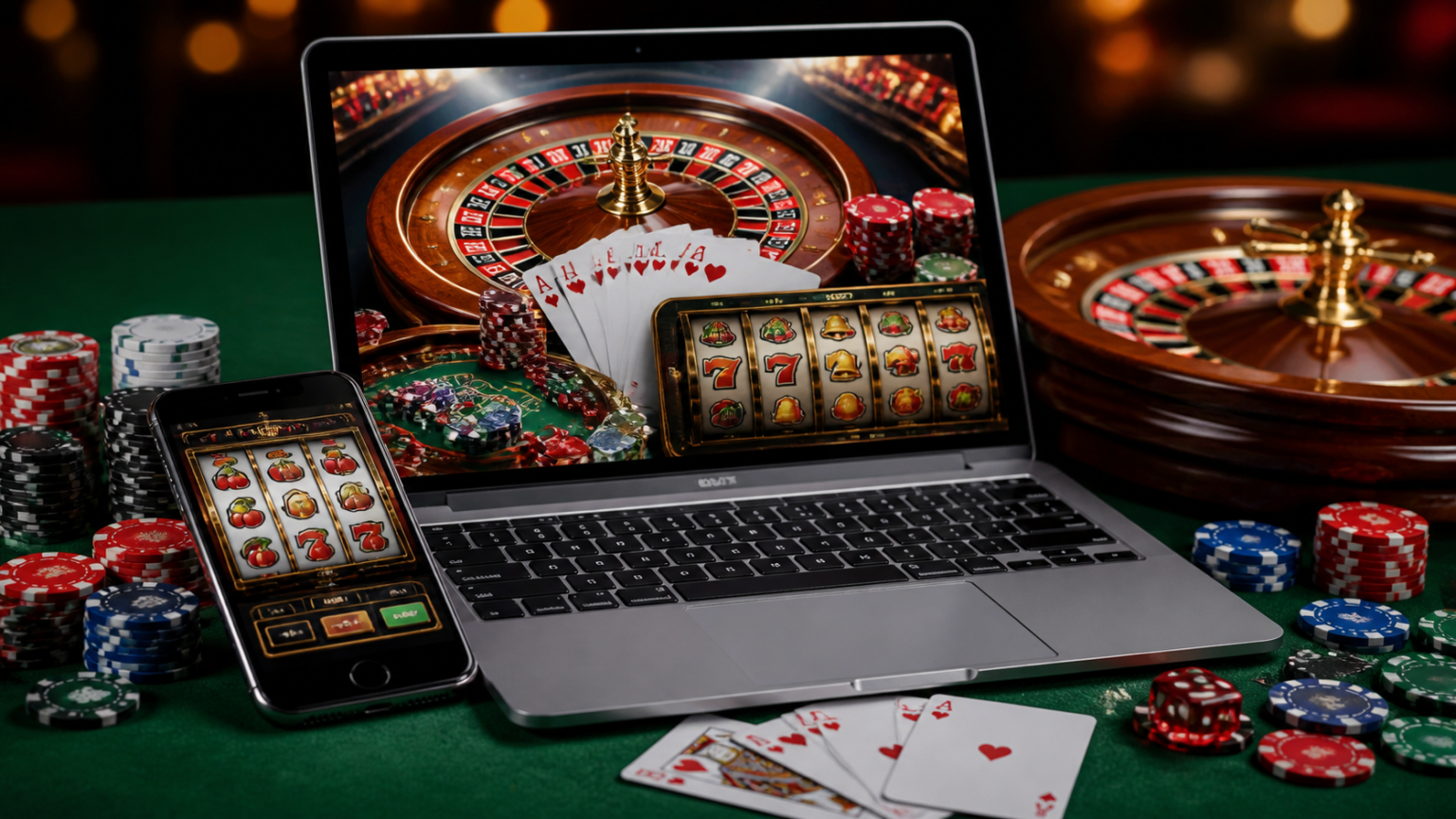 Laptop and phone showing online casinos with slots and roulette