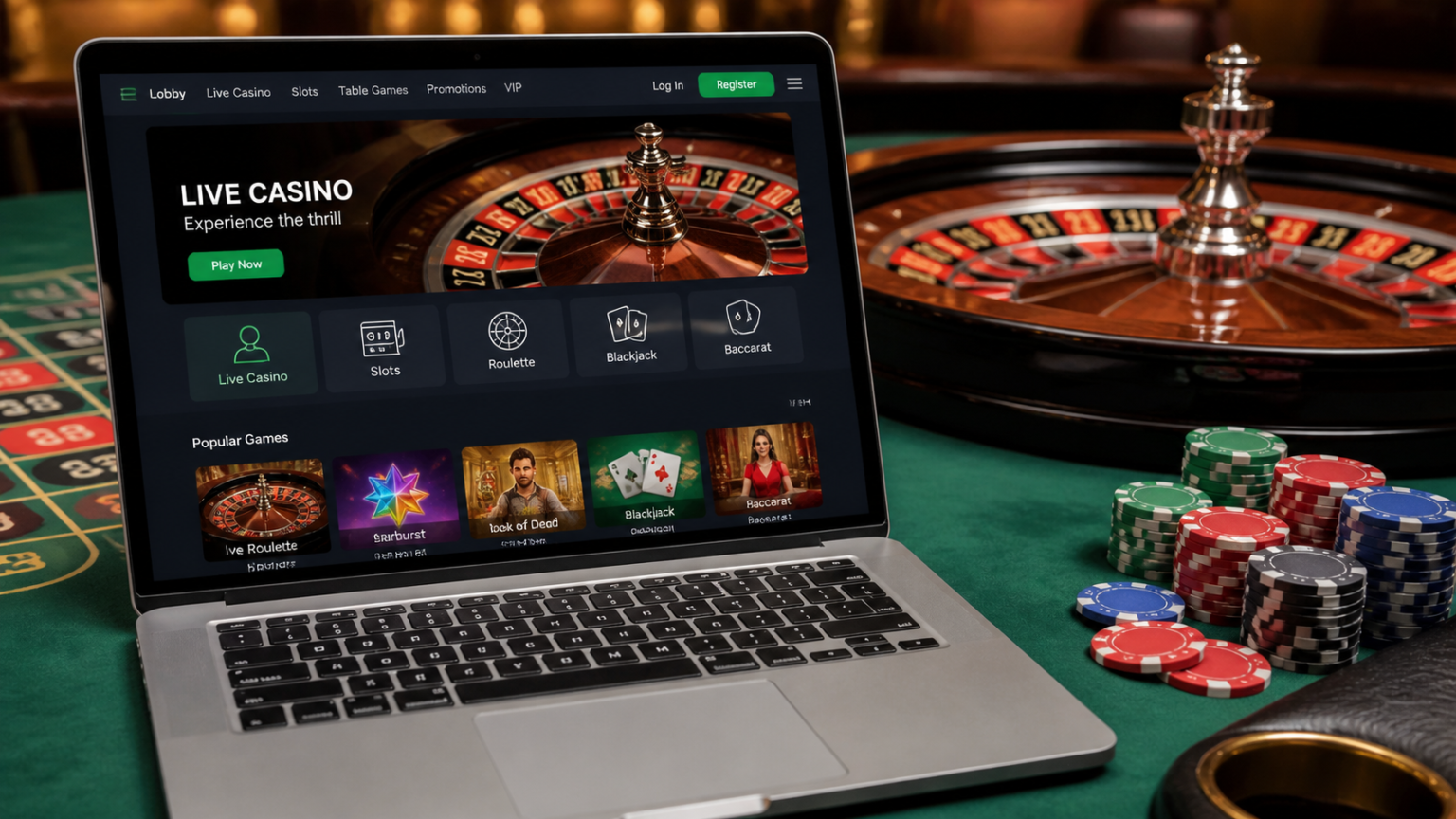 Laptop showing an online casino betting site beside a roulette table