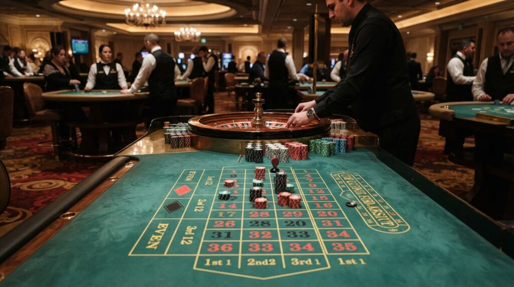 Singapore Online Casino Platforms: A Guide to Digital Gaming A green felt casino roulette table displaying chips and gaming equipment.