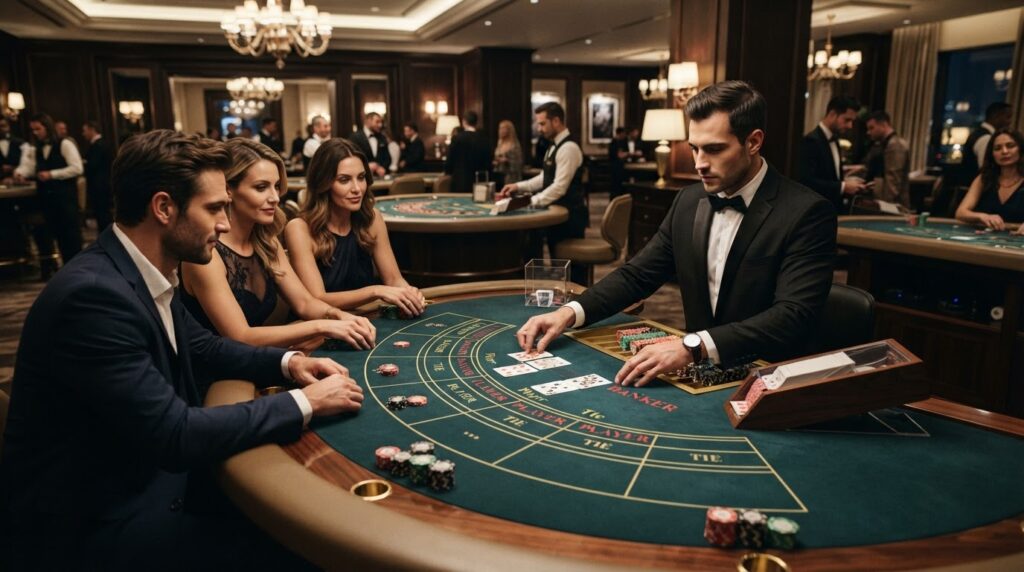 Tìm Hiểu Baccarat Trực Tuyến: Luật Chơi Và Chiến Thuật Hiệu Quả Giao diện bàn chơi baccarat trực tuyến sang trọng với người chia bài chuyên nghiệp
